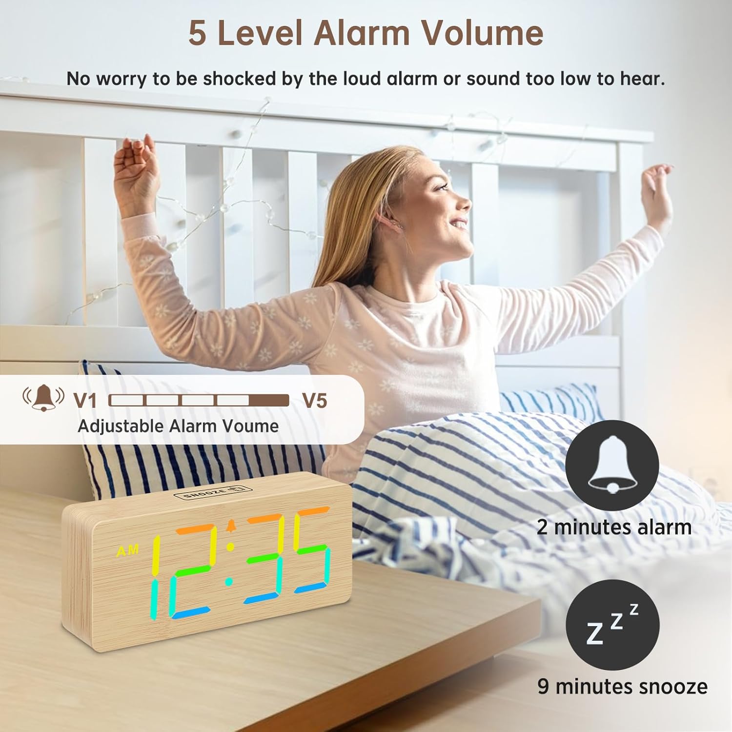 DreamSky Small Digital Alarm Clock for Bederoom, Large Big Numbers Display with Dimmer for Living Room, Electric Bedside Desk Clock with USB Charging Port, Adjustable Volume, USB-C Adapter Powered