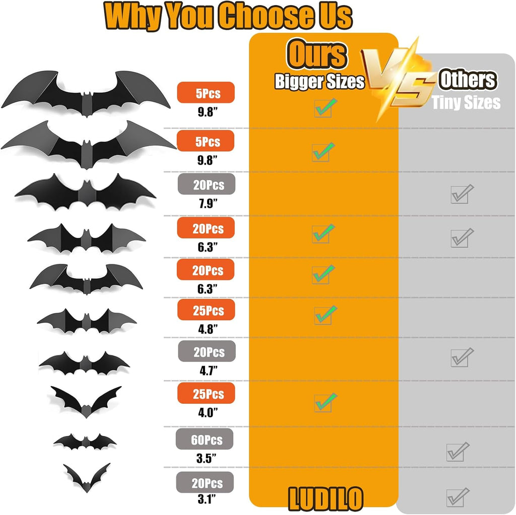 LUDILO 100pcs Bats Halloween Decorations: Halloween Bats Wall Décor Bat Stickers Decals PVC 3D Wall Bat Scary Stickers Halloweens Party Decorations Indoor Outdoor DIY Home Window Door Décor