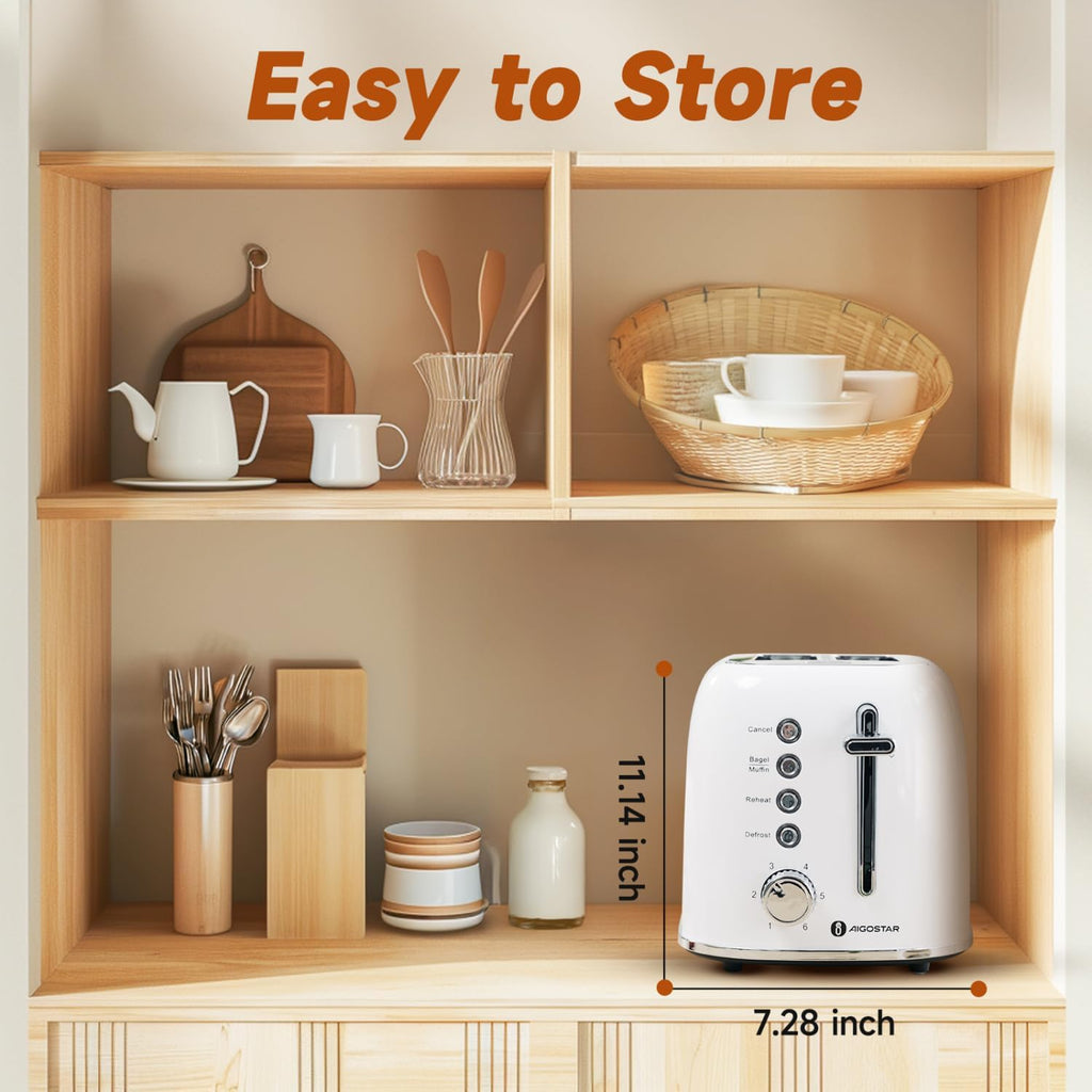 Aigostar Toaster 2 Slice, Retro Extra-Wide Slot Toasters Best Rated Prime for Toasting Bagels, Breads, Waffles & More, Cancel, Defrost & 6 Browning, Removable Crumb Tray, Stainless Steel, Cream White