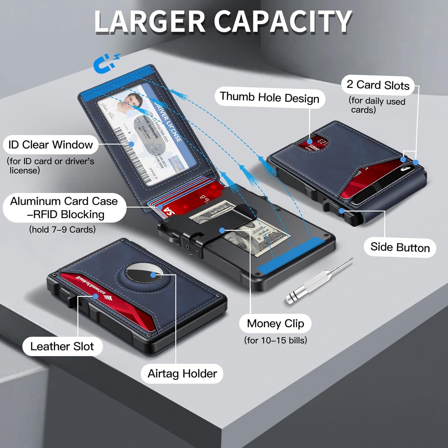 Airtag Wallet for Men, Mens Smart Wallet for Air Tag RFID Blocking, Minimalist Bifold Pop Up Aluminum Credit Card Case Holder 12+ Cards with ID Window, Gift for Men, No Airtag Included, Carbon Fiber