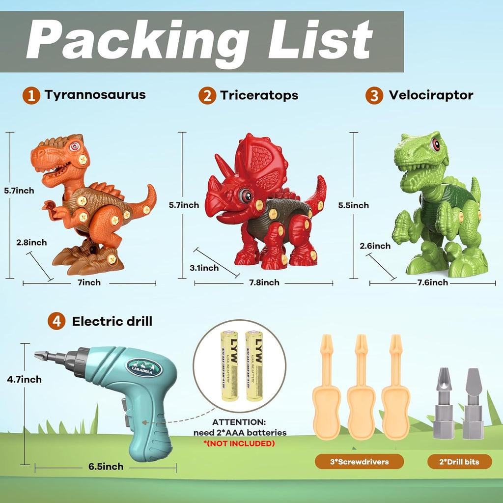 Laradola Dinosaur Toys for 3 4 5 6 7 8 Year Old Boys, Take Apart Dinosaur Toys for Kids 3-5 5-7 STEM Construction Building Kids Toy with Electric Drill, Party Christmas Birthday Gifts Boys Girls