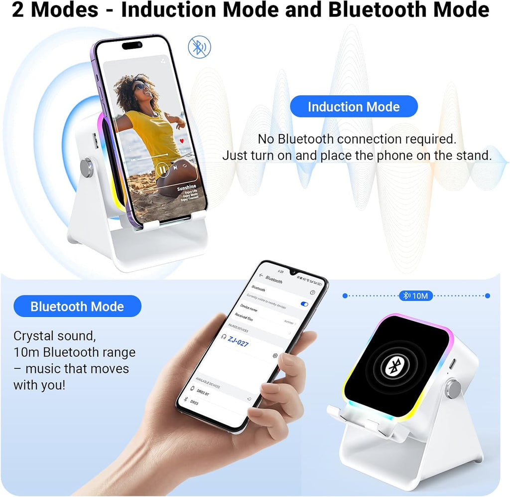 Induction Speaker with Phone Stand 5 in 1 Wireless Induction Bluetooth Audio for iPhone Android Phone Speakers Amplifier with Rechargeable Colorful Light, Birthday Gifts for Men Women Teens (Black)