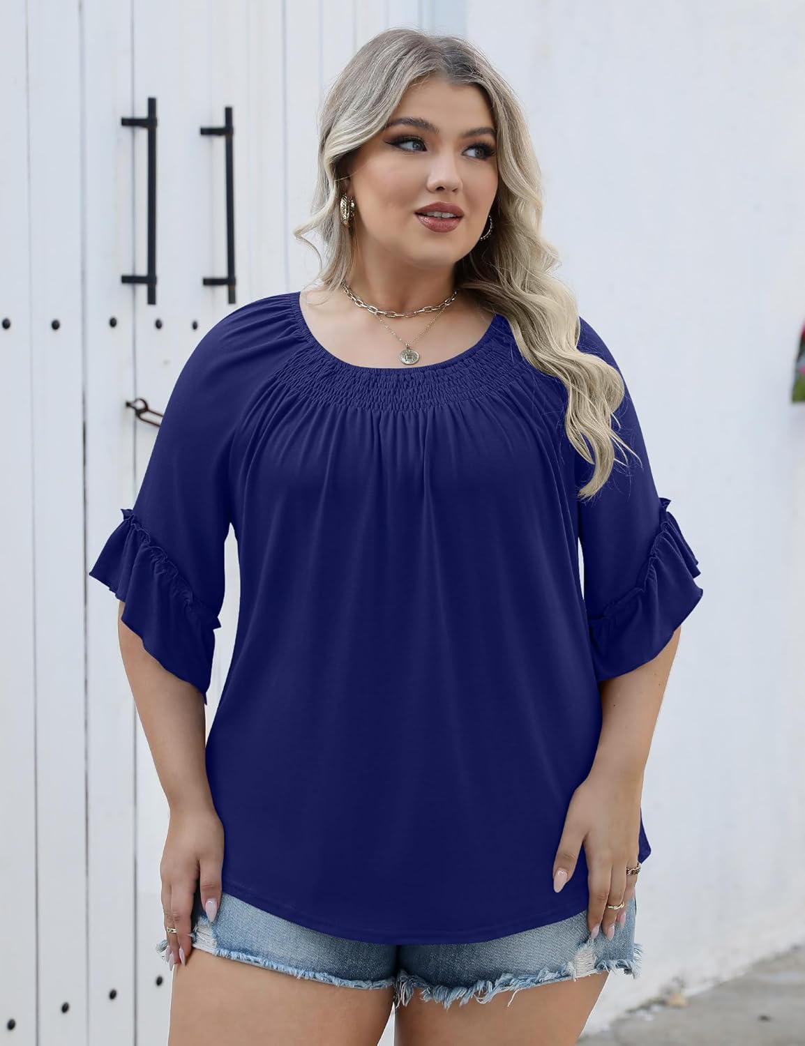Micoson Womens Plus Size Tops 3/4 Ruffle Sleeve Shirts Crewneck Pleated Blouses Dressy Casual Fashion Tunic Top (1X-5X)