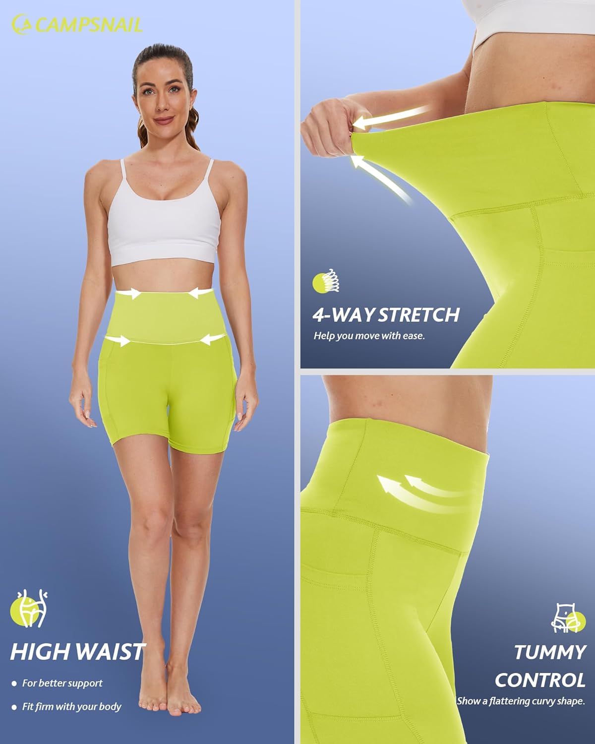 CAMPSNAIL Biker Shorts Women with Pockets - 3"/5"/8" High Waisted Workout Spandex Tummy Control Gym Running Yoga Shorts