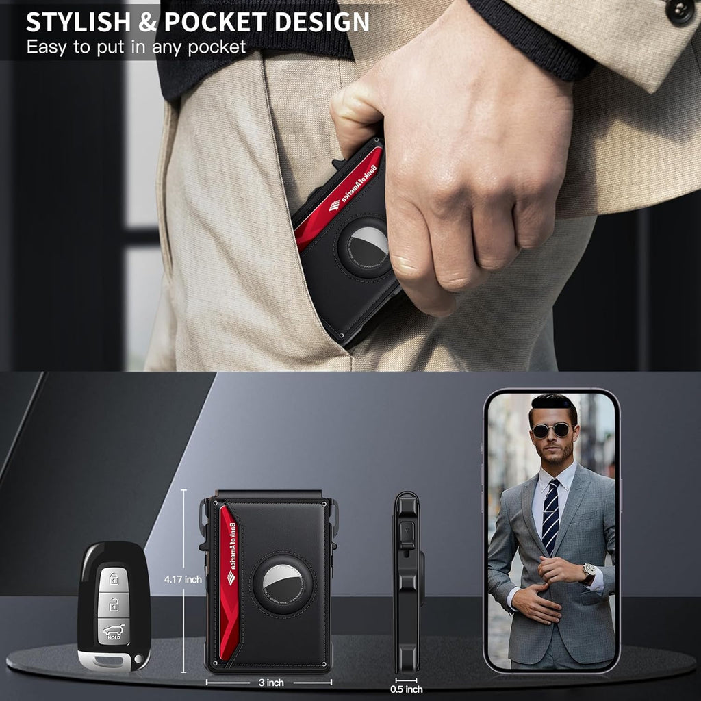 Airtag Wallet for Men, Mens Smart Wallet for Air Tag RFID Blocking, Minimalist Bifold Pop Up Aluminum Credit Card Case Holder 12+ Cards with ID Window, Gift for Men, No Airtag Included, Carbon Fiber