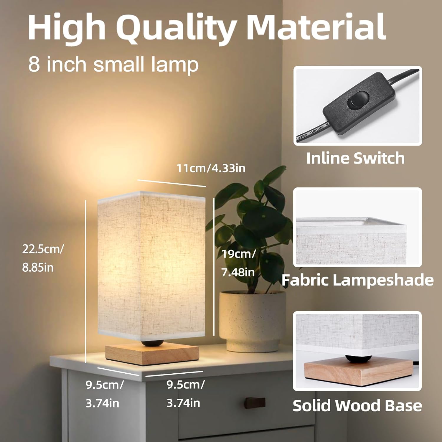 Small Bedside Table Lamp for Bedroom, Minimalist Wood Base & Round Fabric Shade, Mini Cute Cozy Warm White Nightstand Boho Lamp, Study Desk Night Stand Light for Room, Dorm, Nursery, Living Room