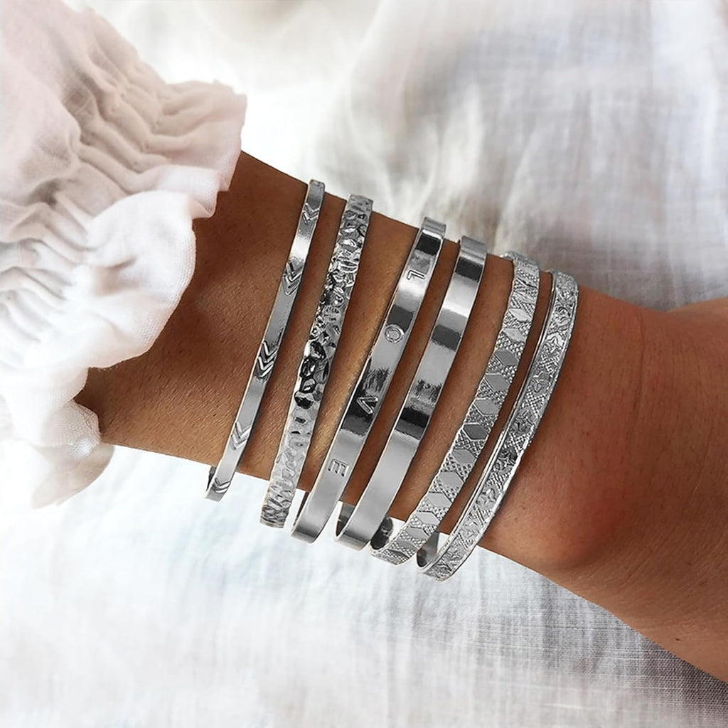 IFKM Gold Bangle Bracelets For Women, 14k Gold Plated Multi Layer Stackable Cuff Bracelet Set, Trendy Elegance Charms Non Tarnish Minimalist Textured Boho Jewelry Gift for Women