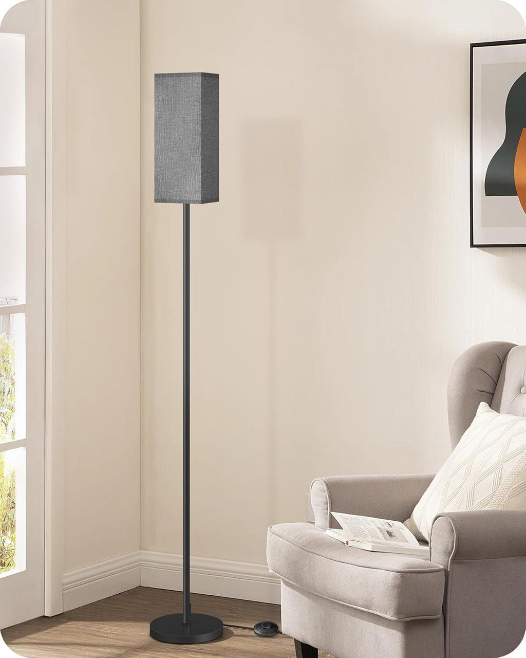 64.6" Floor Lamp, Pole with Foot Switch, Modern Standing Lamp Lampshade, Minimalist Freestanding Lamp (Bulb Not Included), for Living Room, Bedroom Office ETL Listed, Black and Beige E07LD05