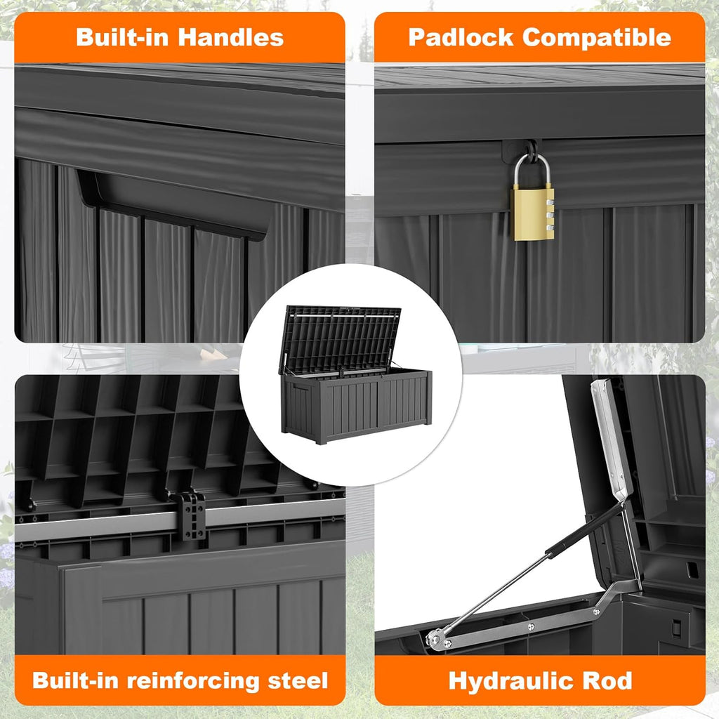80 Gallon Resin Deck Box, Lockable Patio Outdoor Storage Box for Furniture, Garden Tools and Tools Storage, Waterproof Outside Storage Box - Black