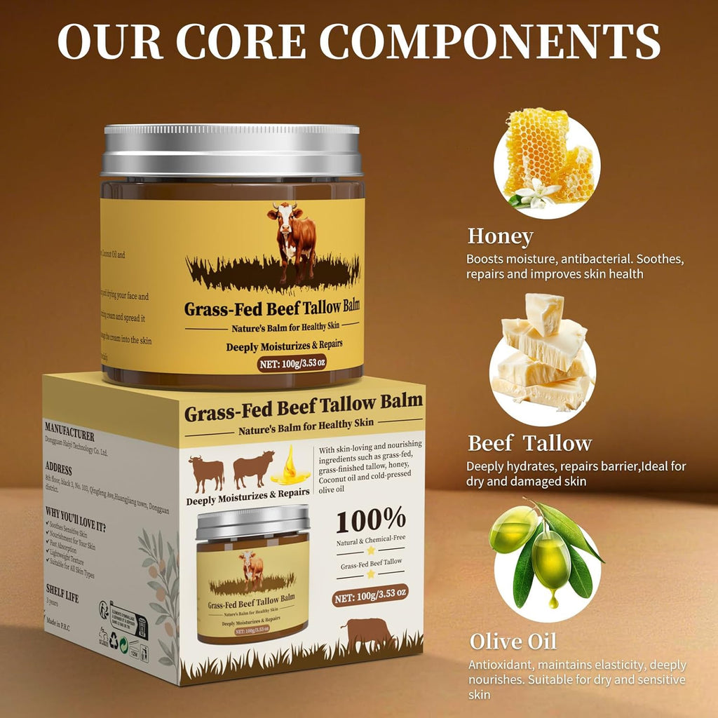 Beef Tallow for Skin, Tallow and Honey Balm, Facial Moisturizer Cream, 100% Organic Grass Fed Whipped Beef Tallow Balm Deeply Moisturizing for Face & Body, Suitable For All Skin Types(3.53oz)