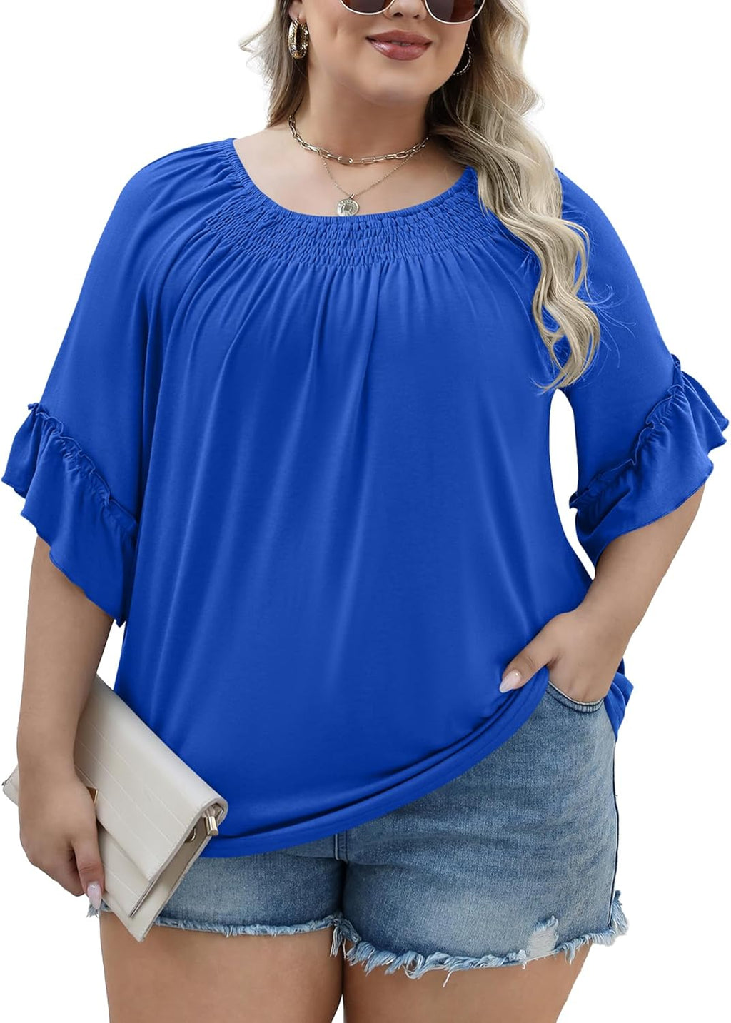 Micoson Womens Plus Size Tops 3/4 Ruffle Sleeve Shirts Crewneck Pleated Blouses Dressy Casual Fashion Tunic Top (1X-5X)