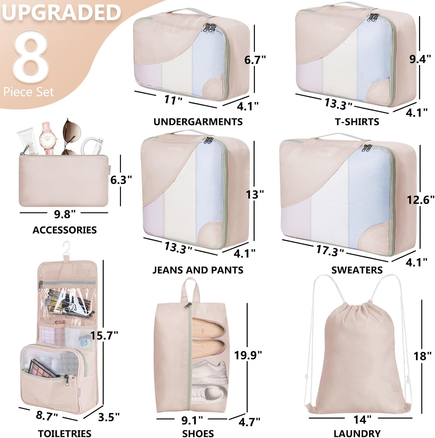 10 Set/8 Set Packing Cubes for Travel, Gifts for Women Mom,Anti-Tearing Suitcase Organizer for Luggage with Shoe & Hanging Toiletry Bag,OlarHike Vacation Essentials & Accessories for Cruise Ship,Cream