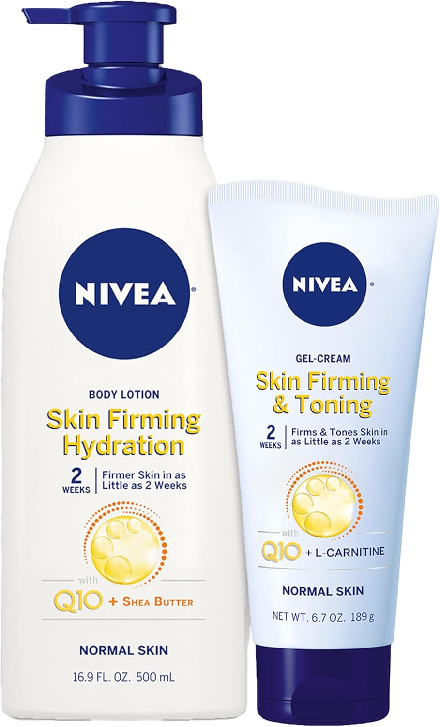 NIVEA Sheer Hydration Skin Firming Body Lotion (16.9 Fl Oz) + NIVEA Skin Firming & Toning Body Gel Cream with Hyaluronic Acid (6.7 Oz), Enriched with Q10 and Vitamin C