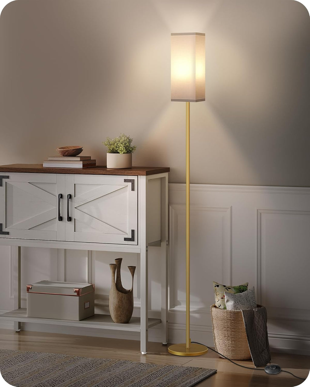 64.6" Floor Lamp, Pole with Foot Switch, Modern Standing Lamp Lampshade, Minimalist Freestanding Lamp (Bulb Not Included), for Living Room, Bedroom Office ETL Listed, Black and Beige E07LD05