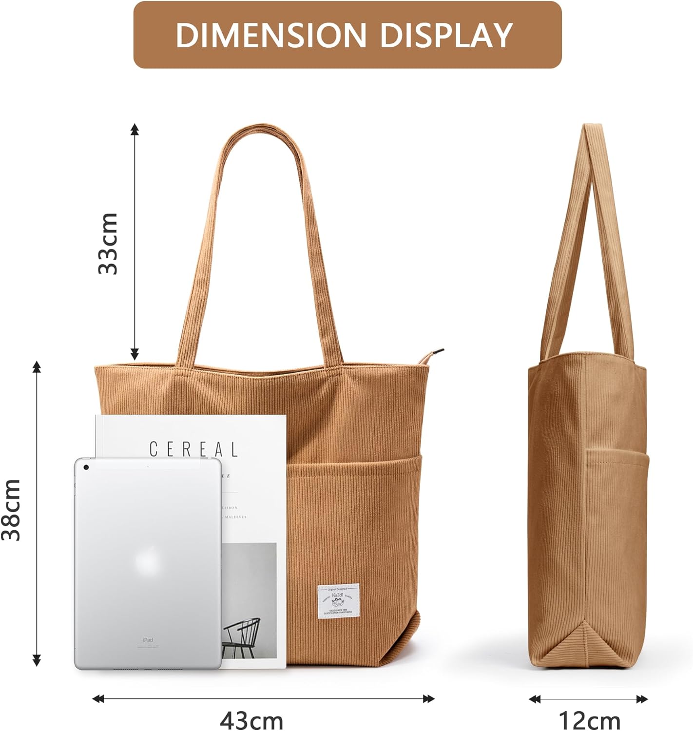 KALIDI Women Corduroy Tote Bag Zipper Casual Tote's Handbag Big Capacity Shoulder Bag with Pockets