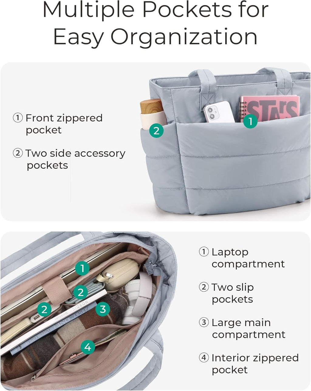 BAGSMART Tote Bag for Women, Lightweight Puffy Tote Bag with Compartments Shoulder Bag Handbag for Travel, Work, Gym