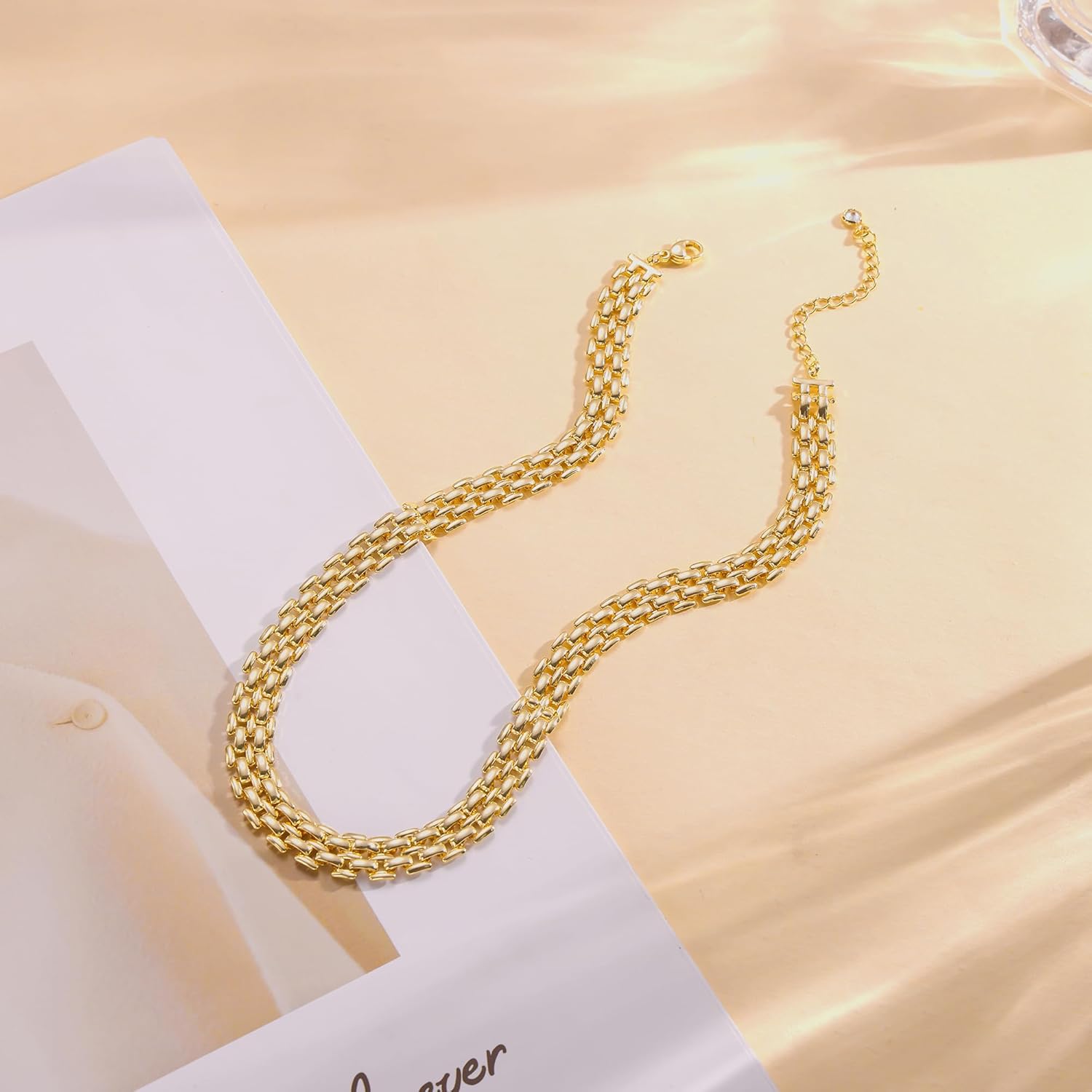 Moodear Gold Necklace for Women Dainty Chunky 14K Gold Plated/Sliver Plated Chain Necklace Cuban Link Paperclip Chain Choker Toggle Clasp Layered Necklace for Women Trendy Fashion Gift