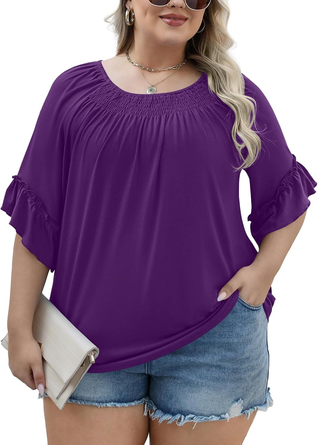 Micoson Womens Plus Size Tops 3/4 Ruffle Sleeve Shirts Crewneck Pleated Blouses Dressy Casual Fashion Tunic Top (1X-5X)