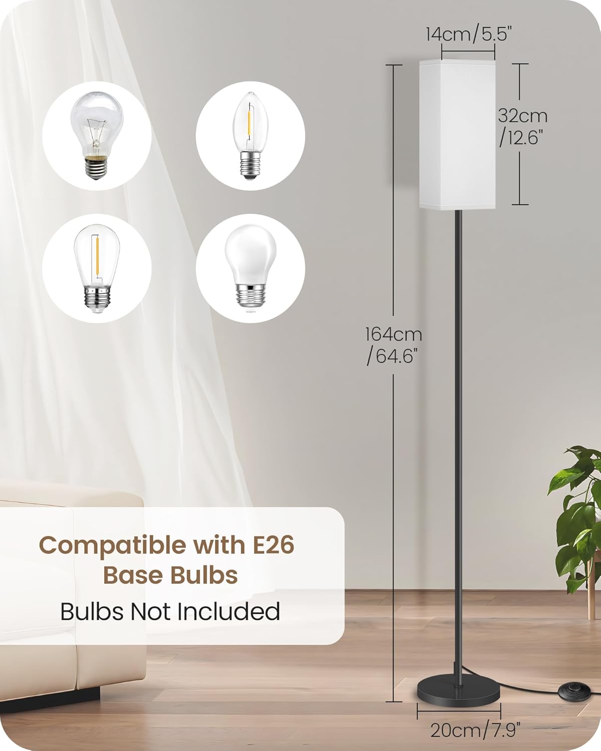 64.6" Floor Lamp, Pole with Foot Switch, Modern Standing Lamp Lampshade, Minimalist Freestanding Lamp (Bulb Not Included), for Living Room, Bedroom Office ETL Listed, Black and Beige E07LD05