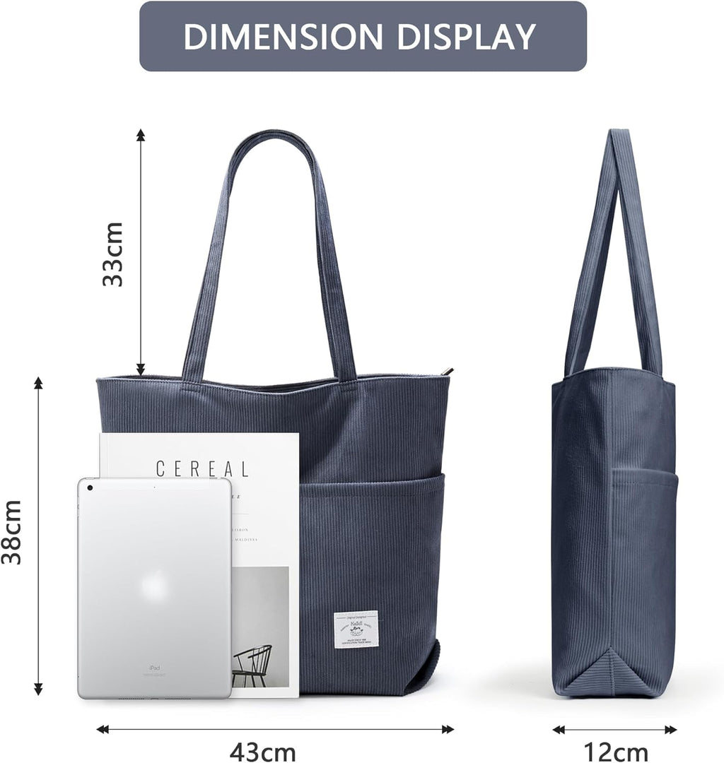 KALIDI Women Corduroy Tote Bag Zipper Casual Tote's Handbag Big Capacity Shoulder Bag with Pockets