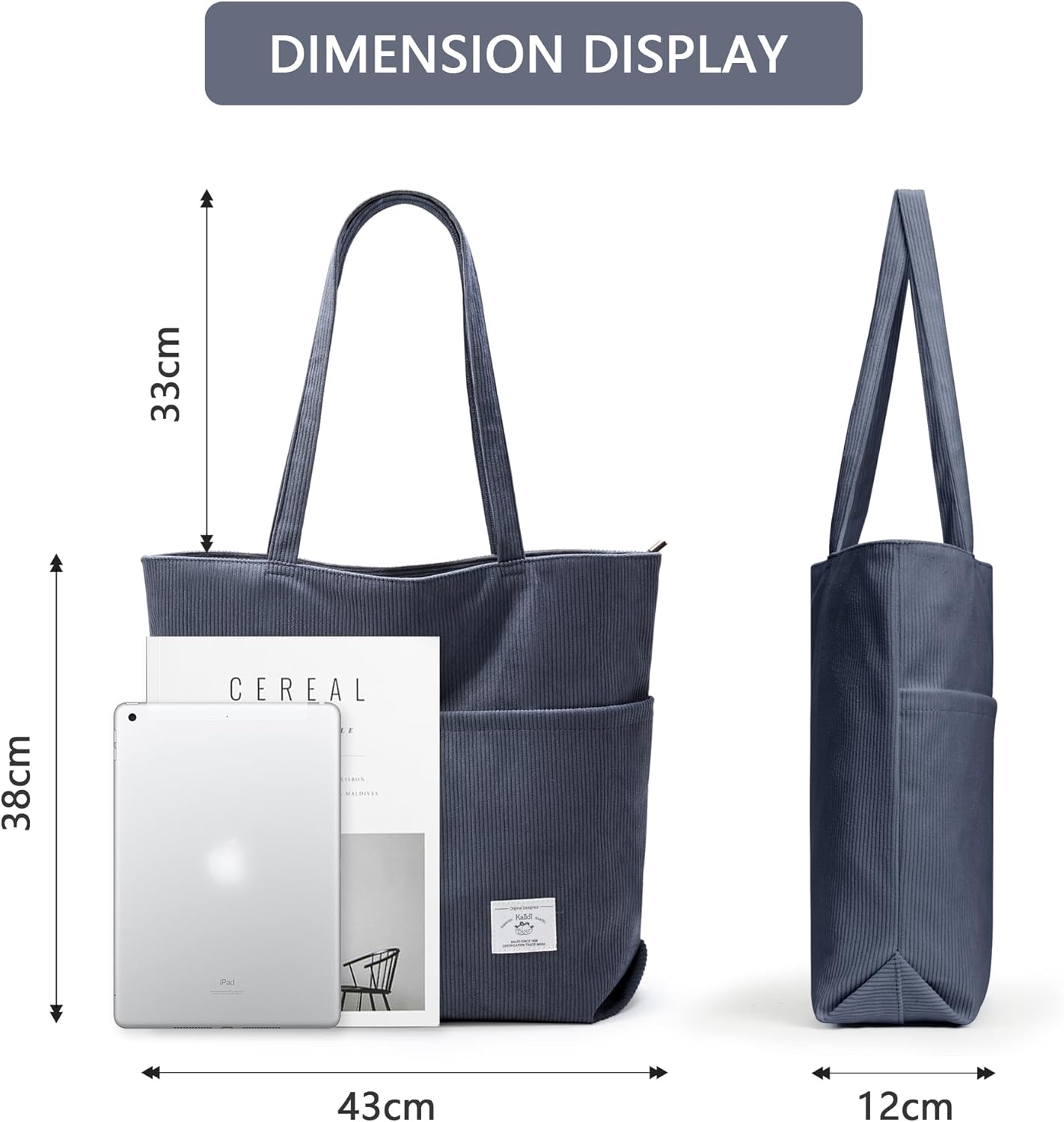 KALIDI Women Corduroy Tote Bag Zipper Casual Tote's Handbag Big Capacity Shoulder Bag with Pockets