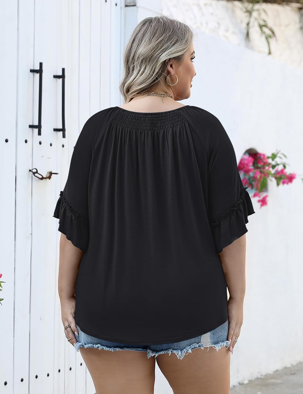 Micoson Womens Plus Size Tops 3/4 Ruffle Sleeve Shirts Crewneck Pleated Blouses Dressy Casual Fashion Tunic Top (1X-5X)