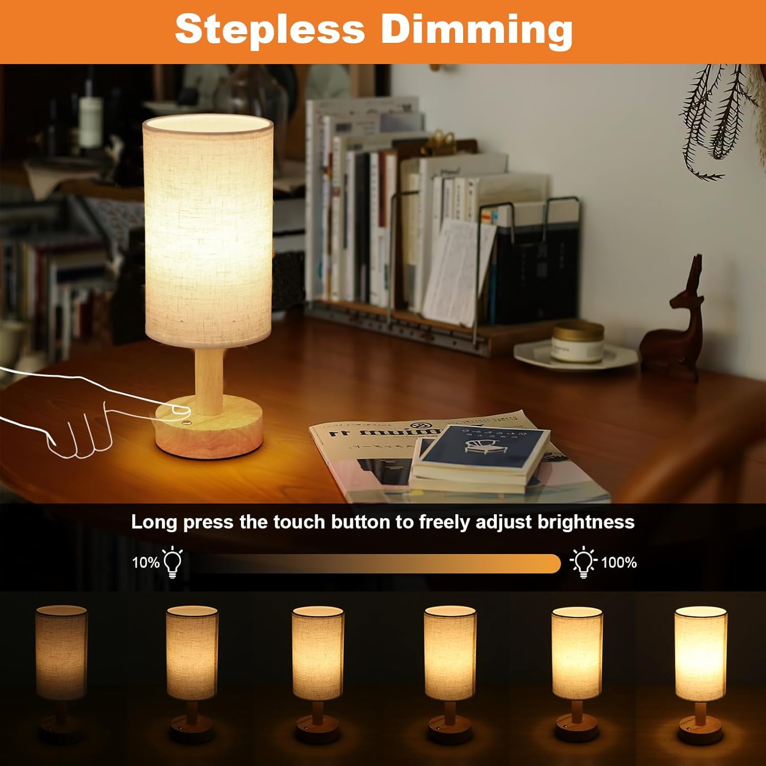 Small Bedside Table Lamp for Bedroom, Minimalist Wood Base & Round Fabric Shade, Mini Cute Cozy Warm White Nightstand Boho Lamp, Study Desk Night Stand Light for Room, Dorm, Nursery, Living Room