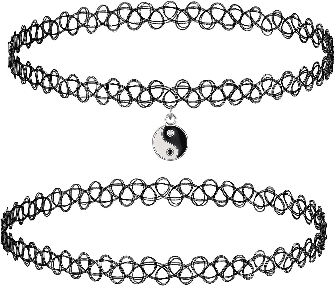 BodyJ4You 2PC Tattoo Choker Necklace - 90s Choker Necklace Women - 2000s Y2K Black Chokers Rainbow Choker - Butterfly Ying Yang Unicorn Rainbow Charms - Stretchy Elastic Necklace