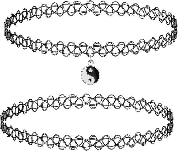 BodyJ4You 2PC Tattoo Choker Necklace - 90s Choker Necklace Women - 2000s Y2K Black Chokers Rainbow Choker - Butterfly Ying Yang Unicorn Rainbow Charms - Stretchy Elastic Necklace
