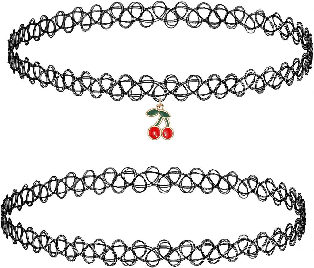 BodyJ4You 2PC Tattoo Choker Necklace - 90s Choker Necklace Women - 2000s Y2K Black Chokers Rainbow Choker - Butterfly Ying Yang Unicorn Rainbow Charms - Stretchy Elastic Necklace