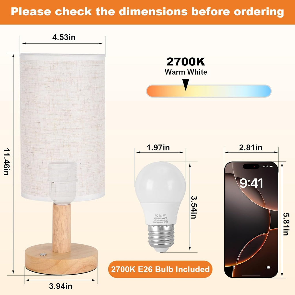 Small Bedside Table Lamp for Bedroom, Minimalist Wood Base & Round Fabric Shade, Mini Cute Cozy Warm White Nightstand Boho Lamp, Study Desk Night Stand Light for Room, Dorm, Nursery, Living Room