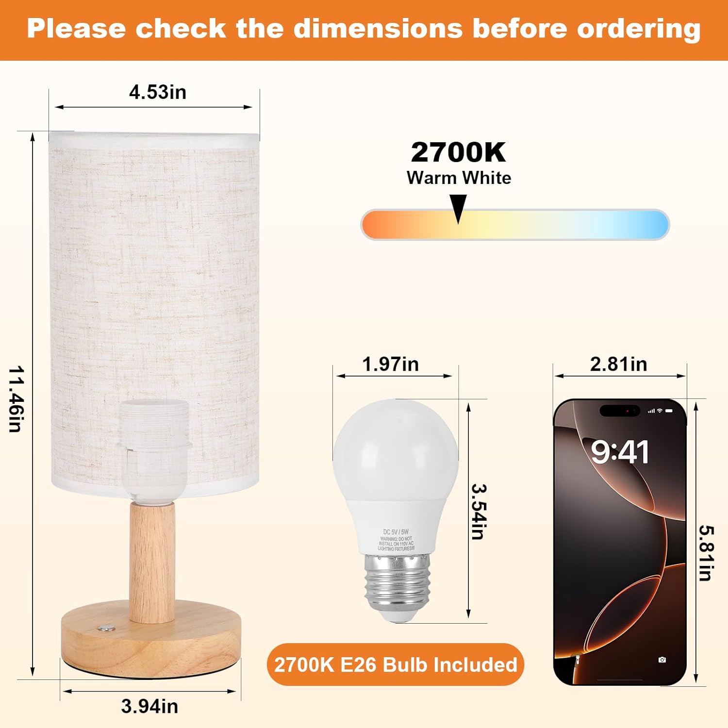 Small Bedside Table Lamp for Bedroom, Minimalist Wood Base & Round Fabric Shade, Mini Cute Cozy Warm White Nightstand Boho Lamp, Study Desk Night Stand Light for Room, Dorm, Nursery, Living Room