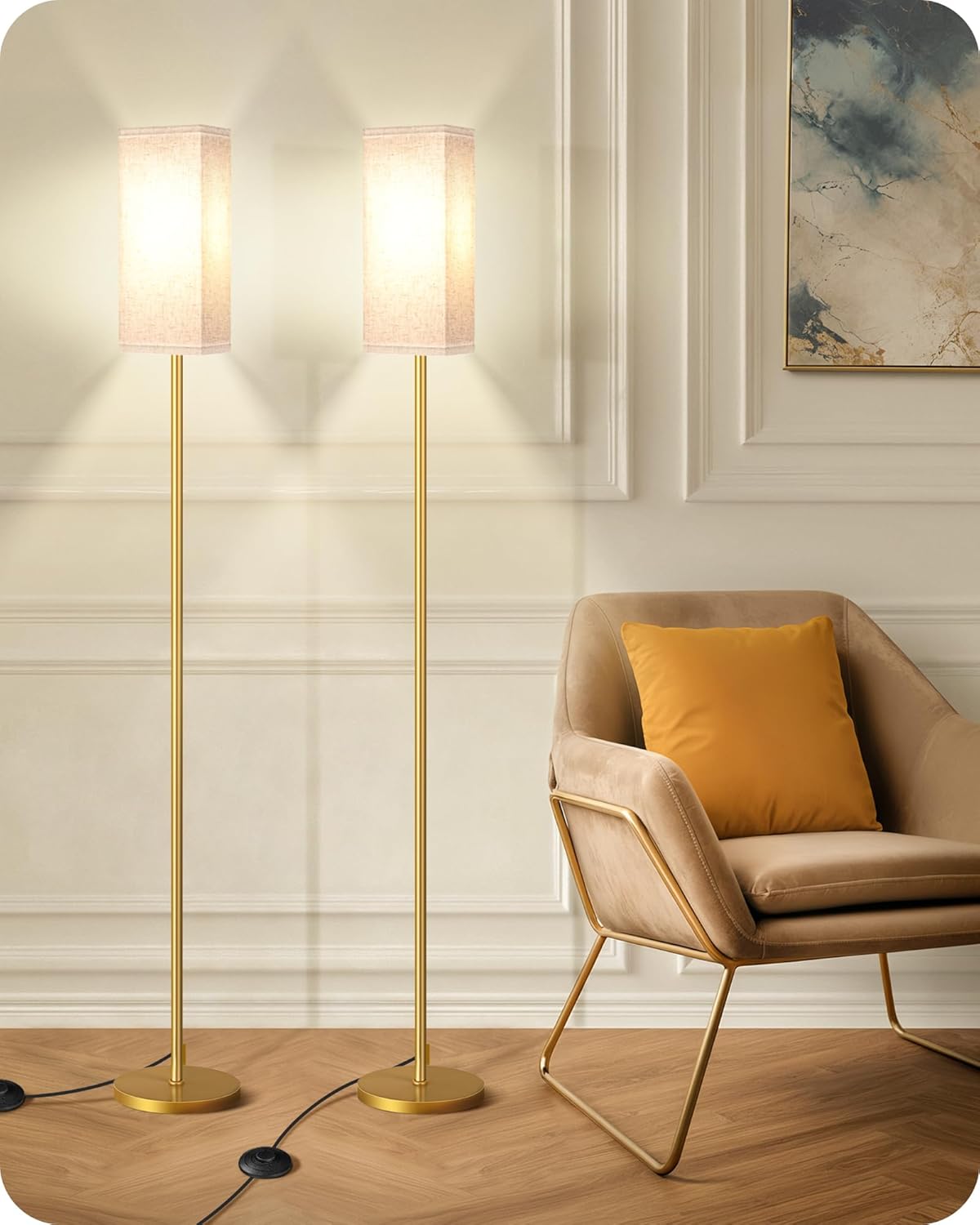64.6" Floor Lamp, Pole with Foot Switch, Modern Standing Lamp Lampshade, Minimalist Freestanding Lamp (Bulb Not Included), for Living Room, Bedroom Office ETL Listed, Black and Beige E07LD05