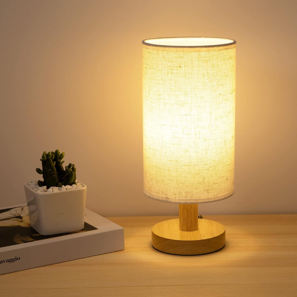 Small Bedside Table Lamp for Bedroom, Minimalist Wood Base & Round Fabric Shade, Mini Cute Cozy Warm White Nightstand Boho Lamp, Study Desk Night Stand Light for Room, Dorm, Nursery, Living Room