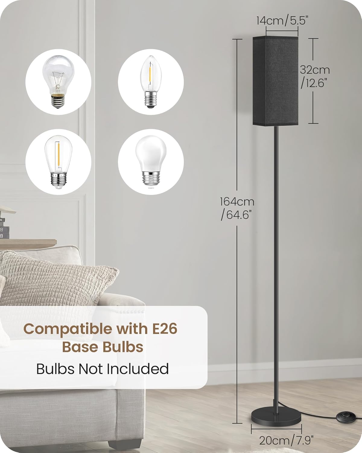 64.6" Floor Lamp, Pole with Foot Switch, Modern Standing Lamp Lampshade, Minimalist Freestanding Lamp (Bulb Not Included), for Living Room, Bedroom Office ETL Listed, Black and Beige E07LD05