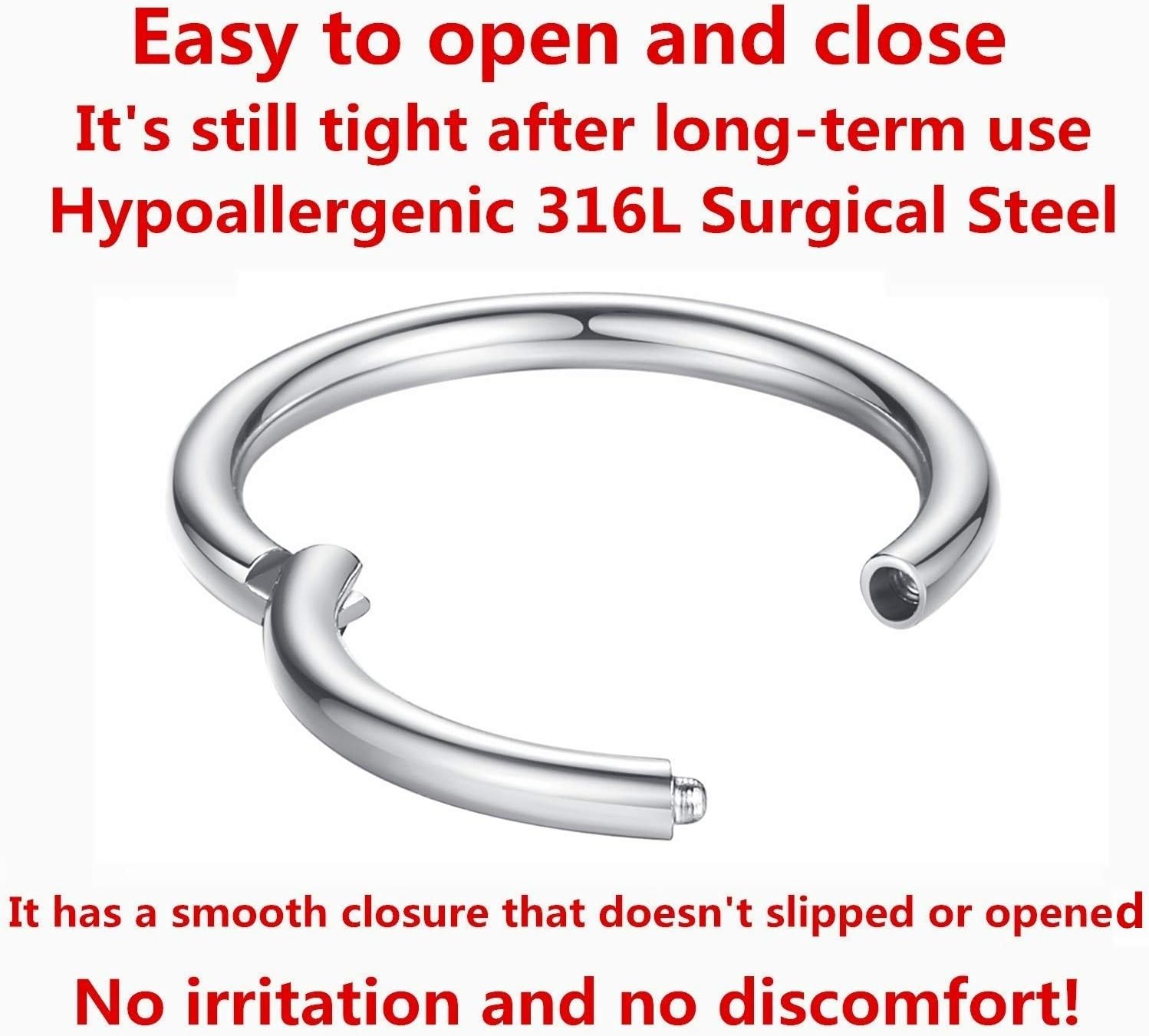 ORANGELOVE Hypoallergenic Nose Rings 20G 18G 16G 14G 12G 10G 8G 316l Surgical Steel Septum Jewelry Hinged Segment Ring Body Piercing Nose Hoop Lip Rings Nose Helix Cartilage Rook Earrings