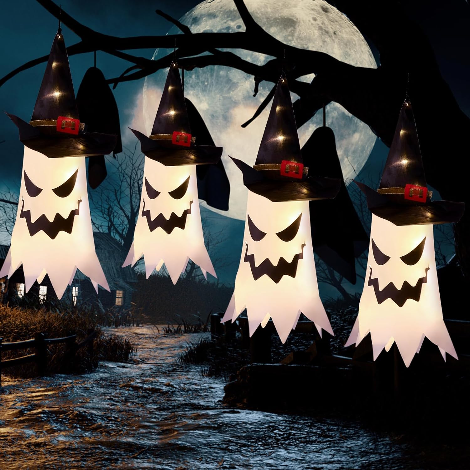 Halloween Decorations Outdoor Halloween Decor Hanging Outdoor String Lights Glowing Ghost Witch Hat Halloween Decorations Indoor Ornaments Halloween Lights for Home Tree Garden Yard (4Pcs)