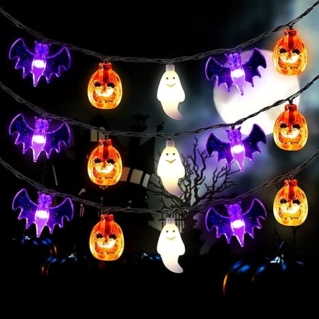 Mosoan Halloween Lights, 20Ft 30 LED Pumpkin Ghost Bat String Lights Battery Operated with Timer, 8 Light Modes Halloween Fairy Lights for Indoor Outdoor Party Home Yard Window Decor