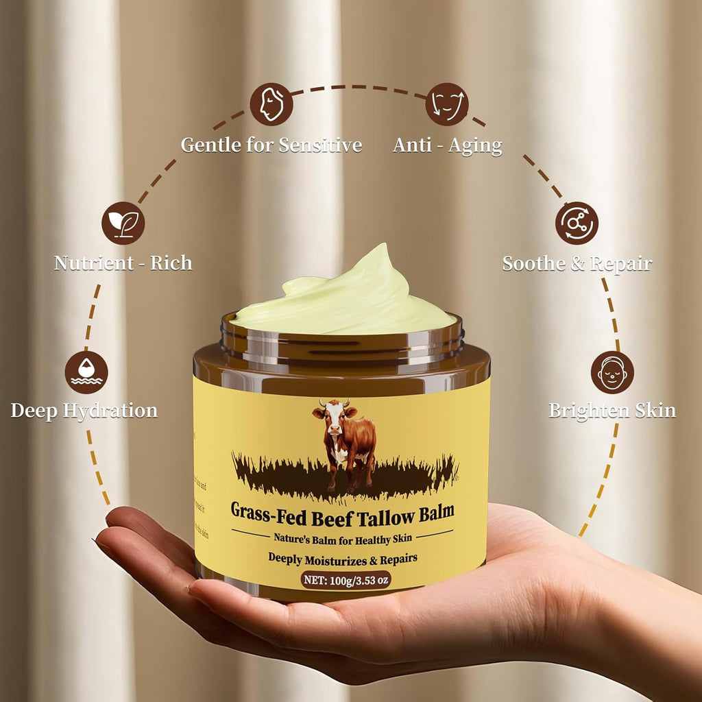 Beef Tallow for Skin, Tallow and Honey Balm, Facial Moisturizer Cream, 100% Organic Grass Fed Whipped Beef Tallow Balm Deeply Moisturizing for Face & Body, Suitable For All Skin Types(3.53oz)