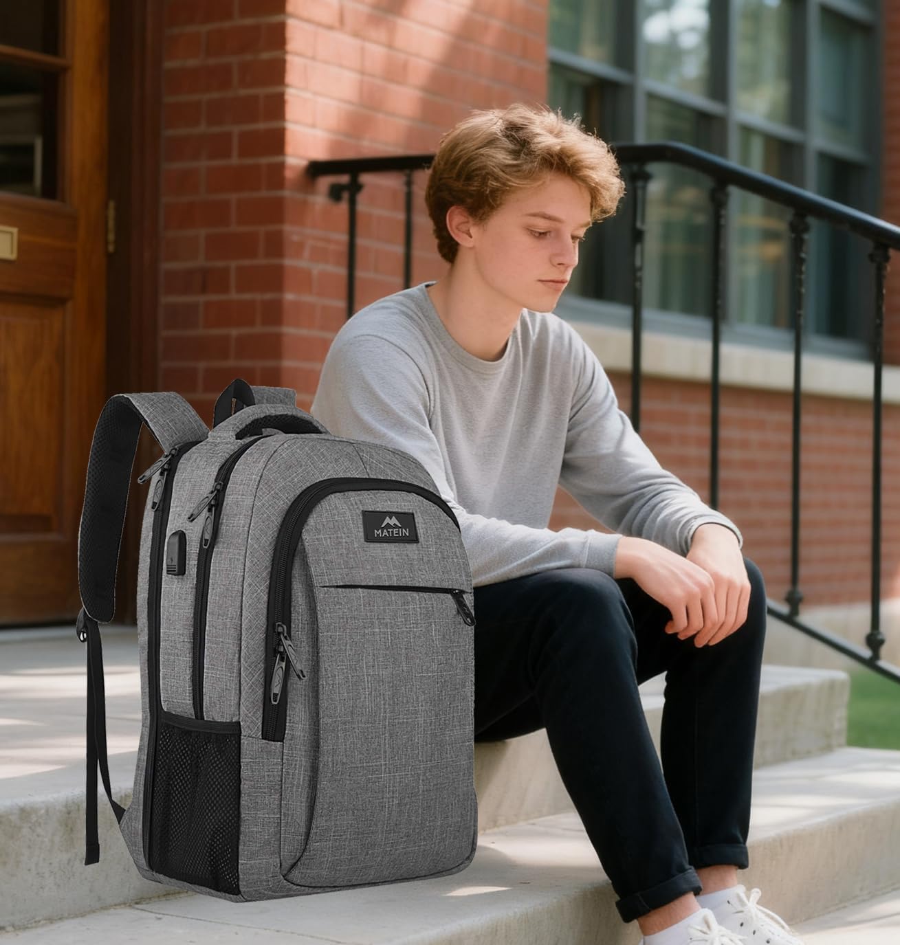 MATEIN Travel Laptop Backpack, Business Anti Theft Slim Sturdy Laptops Backpack with USB Charging Port, Water Resistant College School Computer Bag Gift for Men & Women Fits 15.6 Inch Notebook, Grey