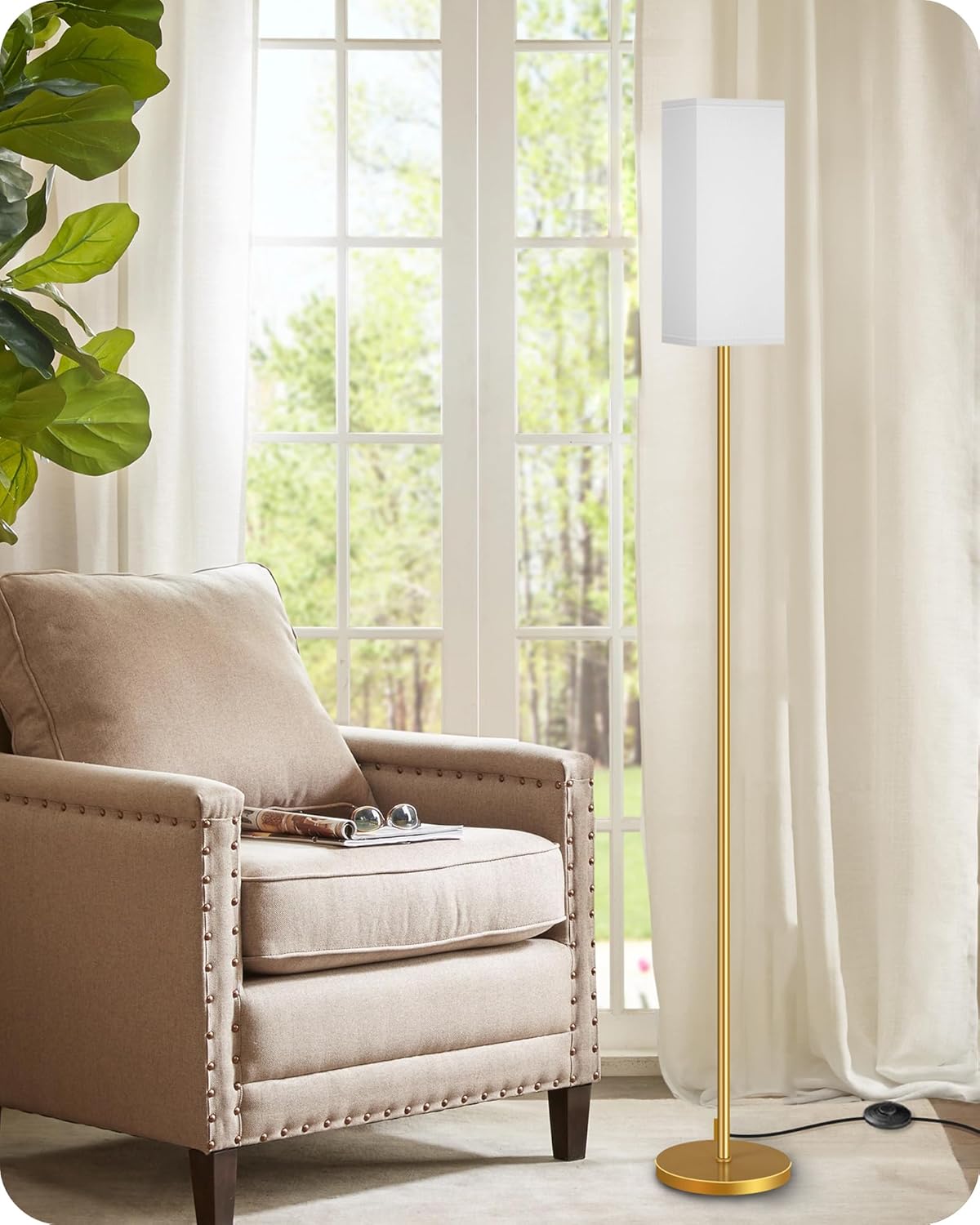 64.6" Floor Lamp, Pole with Foot Switch, Modern Standing Lamp Lampshade, Minimalist Freestanding Lamp (Bulb Not Included), for Living Room, Bedroom Office ETL Listed, Black and Beige E07LD05