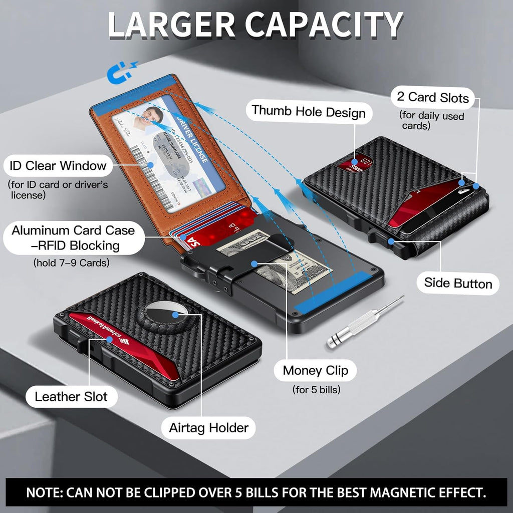 Airtag Wallet for Men, Mens Smart Wallet for Air Tag RFID Blocking, Minimalist Bifold Pop Up Aluminum Credit Card Case Holder 12+ Cards with ID Window, Gift for Men, No Airtag Included, Carbon Fiber