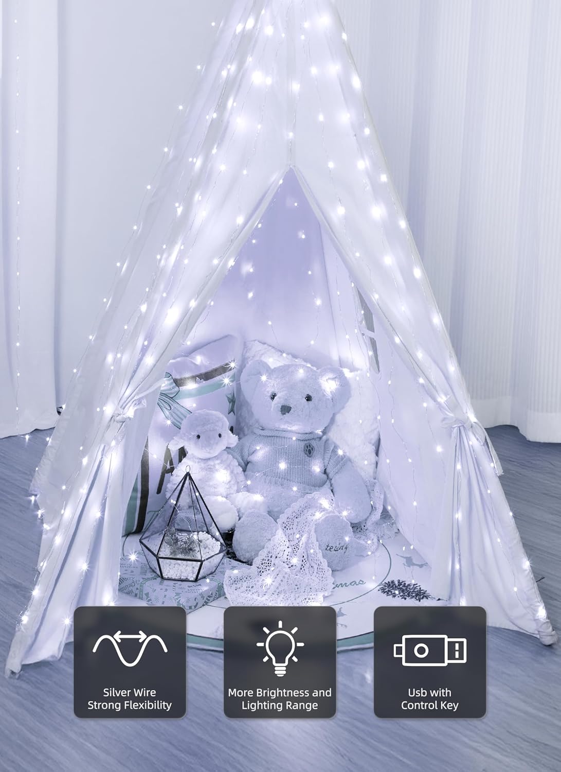 Brightown 300 LED Fairy Curtain Lights, 9.8ft x 9.8ft Warm White Curtain String Lights, USB Plug in 8 Lighting Modes Christmas Decoration, Hanging Lights with Remote for Bedroom Indoor Weddings Dorm