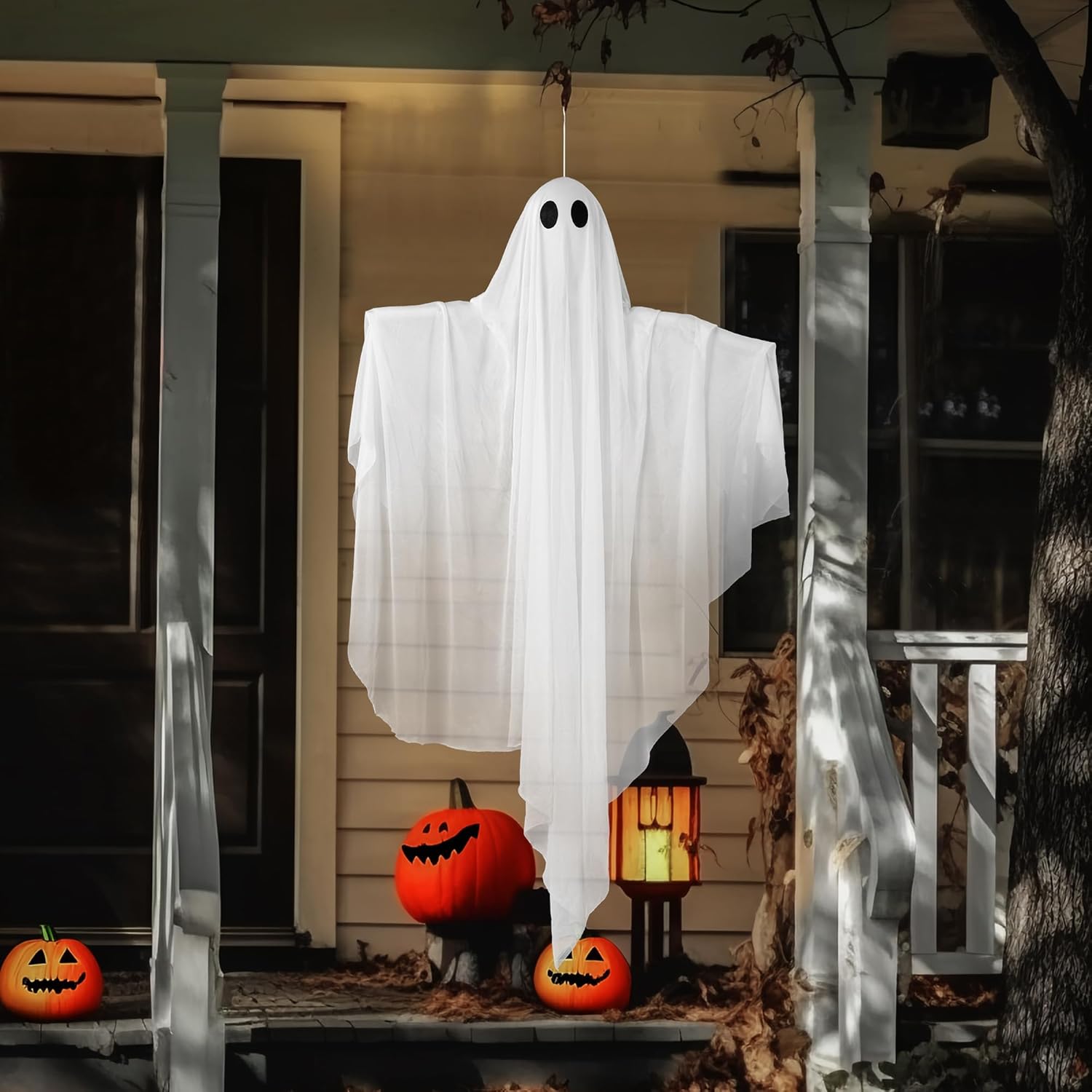 JOYIN Halloween Hanging Light up Ghost with Spooky Blue LED Light, 47” White Ghosts Halloween Hanging Decoration for Front Yard Patio Lawn Garden Party Decor Indoor Outdoor