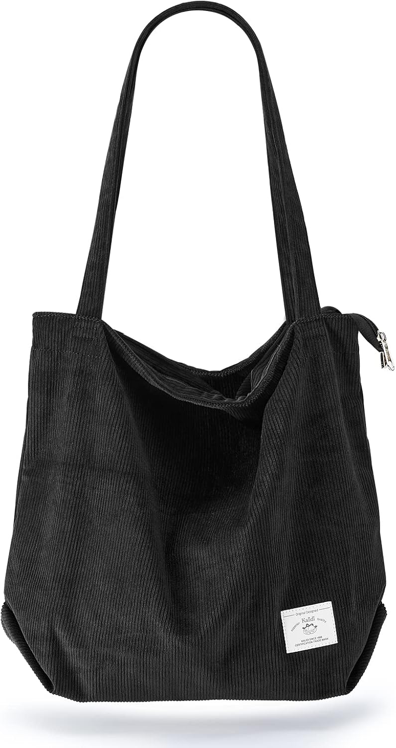 KALIDI Women Corduroy Tote Bag Zipper Casual Tote's Handbag Big Capacity Shoulder Bag with Pockets