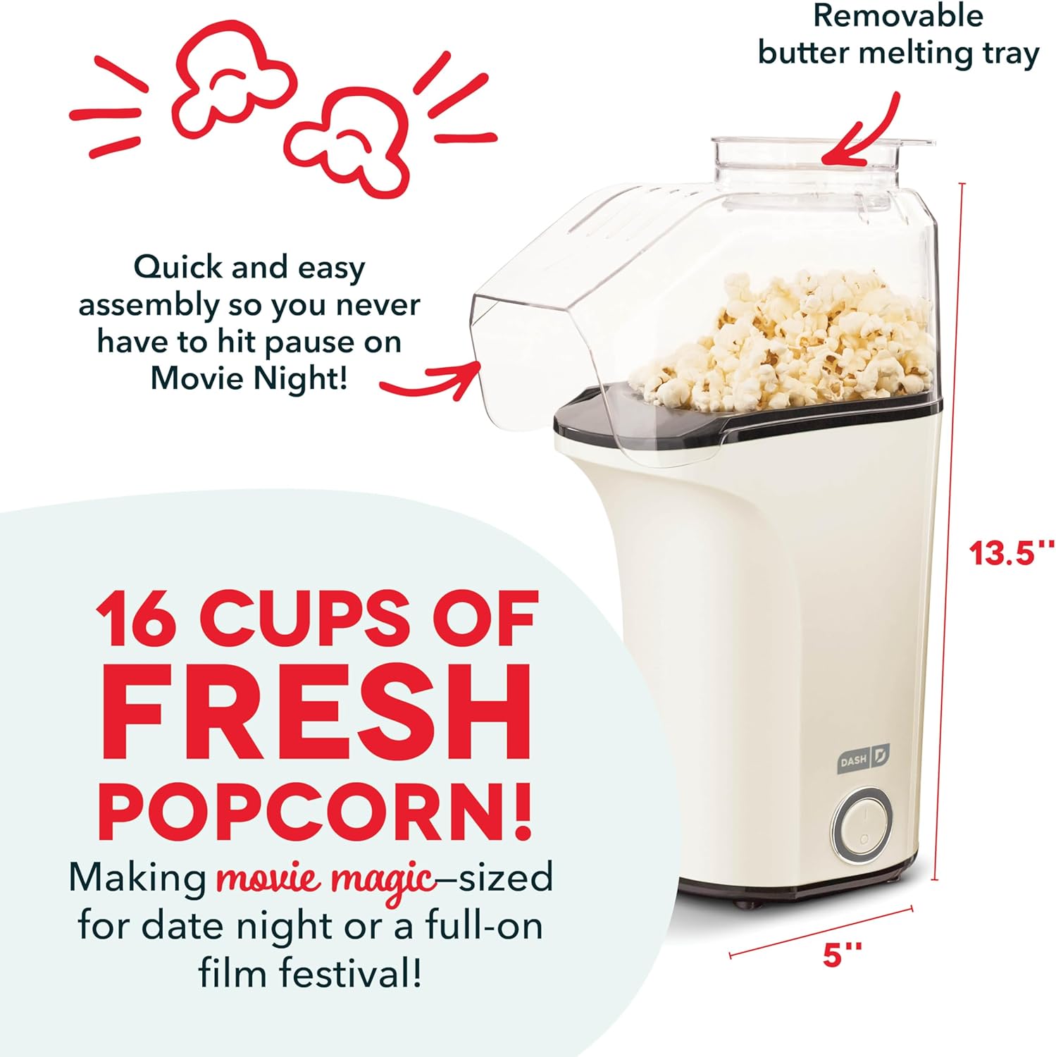 DASH Hot Air Popcorn Popper Maker with Measuring Cup to Portion Popping Corn Kernels + Melt Butter, 16 Cups - Aqua