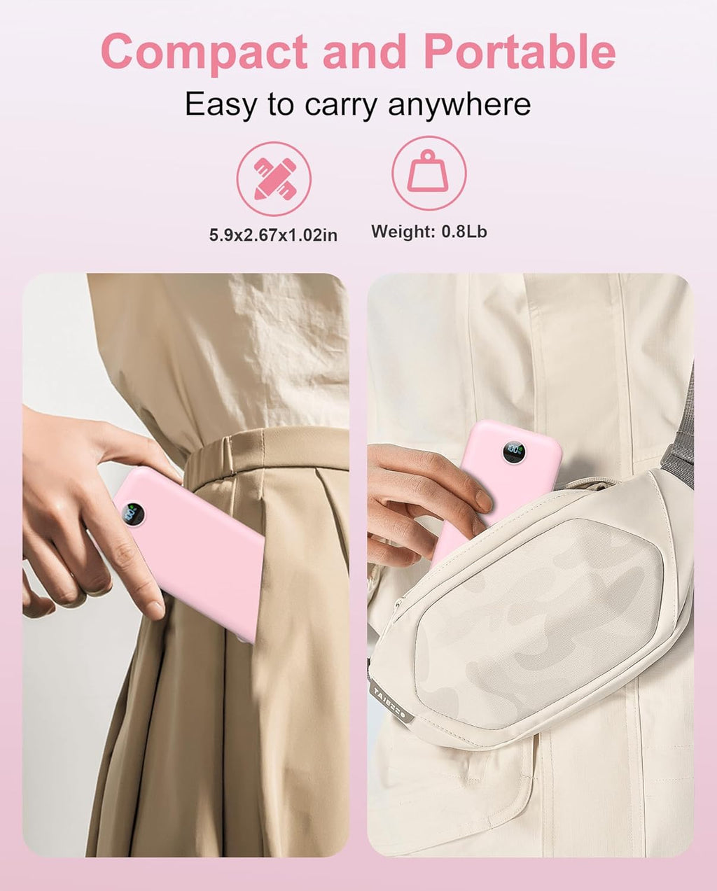 Portable Charger Power Bank, 12000mAh 22.5W USB C Fast Charging with Built-in Cables and Wall Plug, Travel Essential Battery Pack with LED Display for iPhone, iPad, Samsung Pink