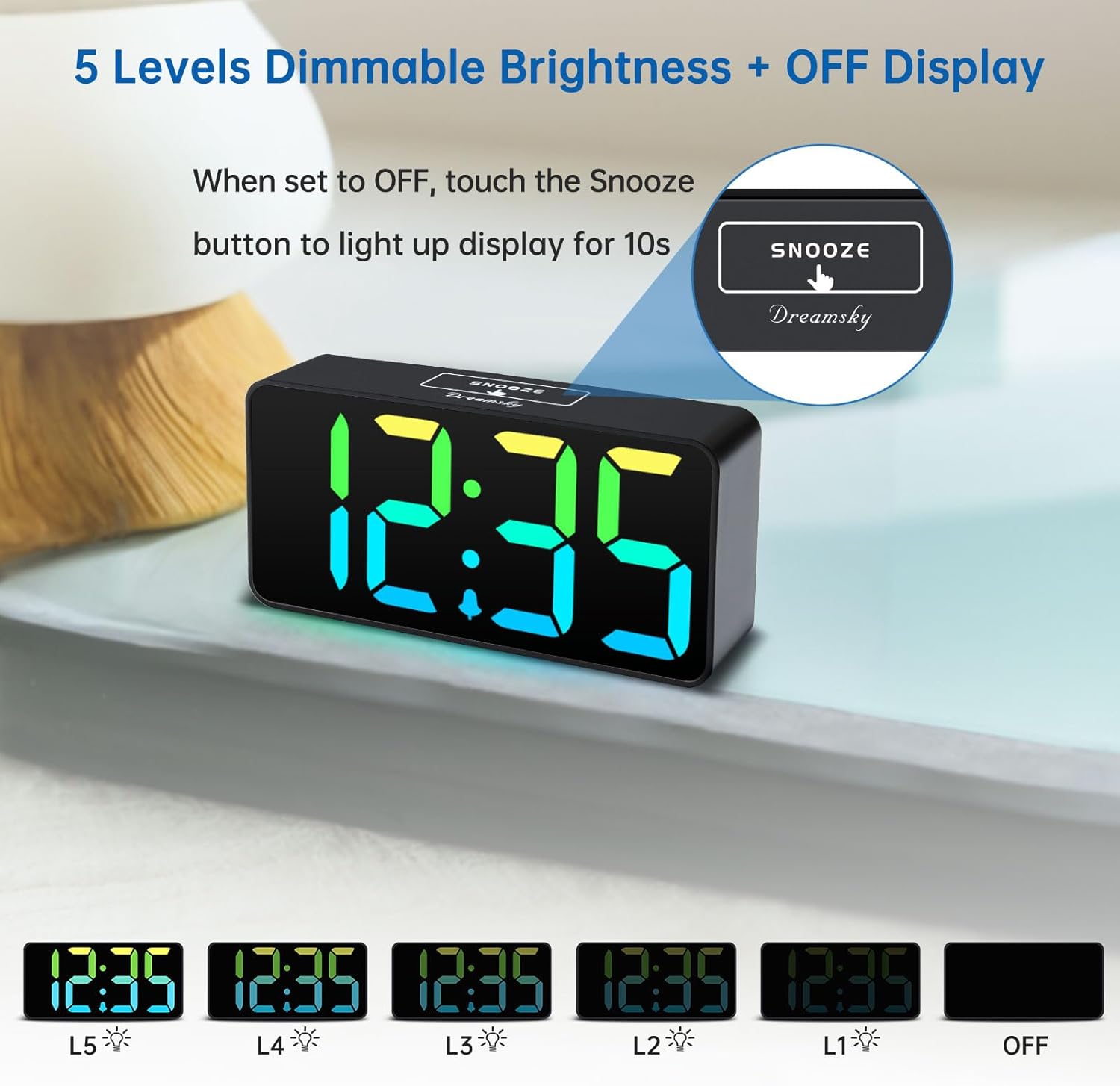 DreamSky Small Digital Alarm Clock for Bederoom, Large Big Numbers Display with Dimmer for Living Room, Electric Bedside Desk Clock with USB Charging Port, Adjustable Volume, USB-C Adapter Powered