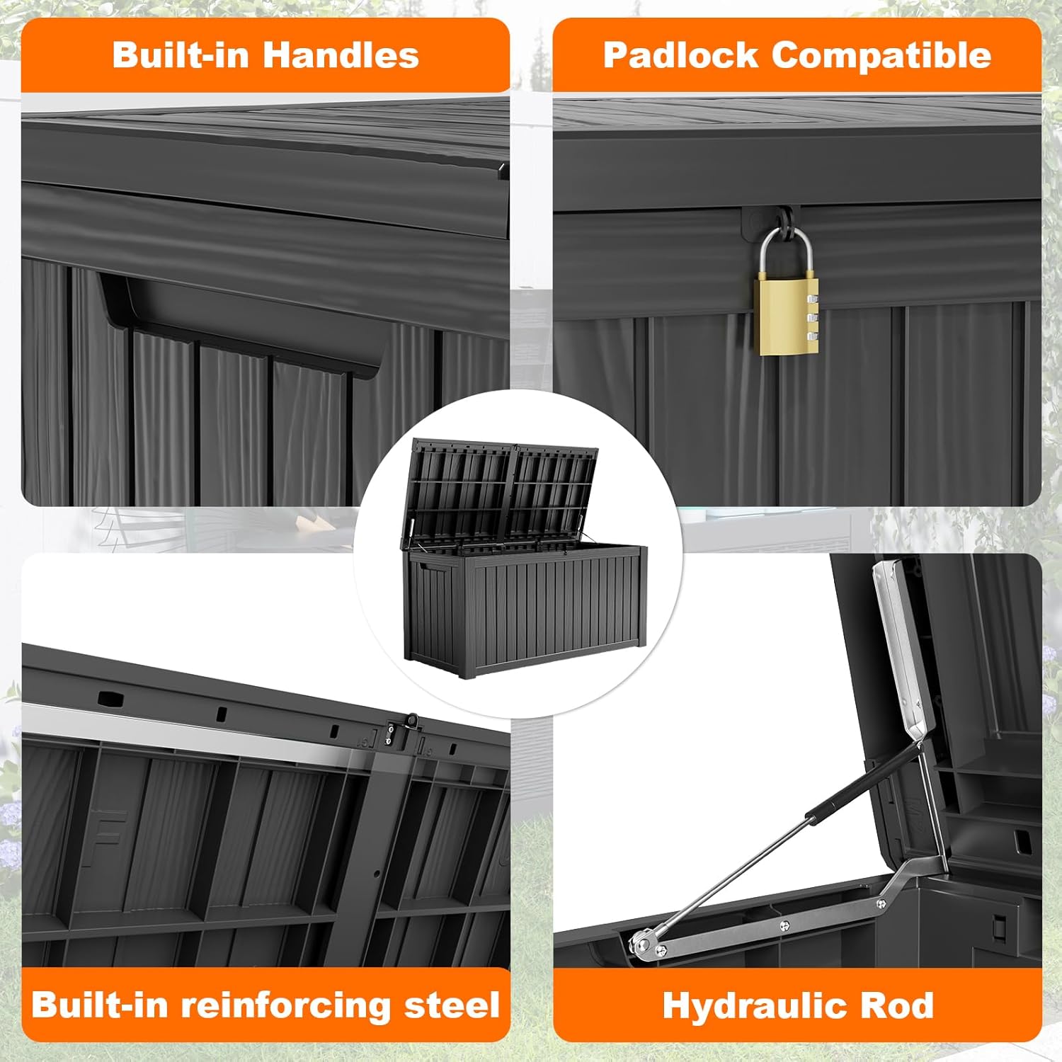 80 Gallon Resin Deck Box, Lockable Patio Outdoor Storage Box for Furniture, Garden Tools and Tools Storage, Waterproof Outside Storage Box - Black