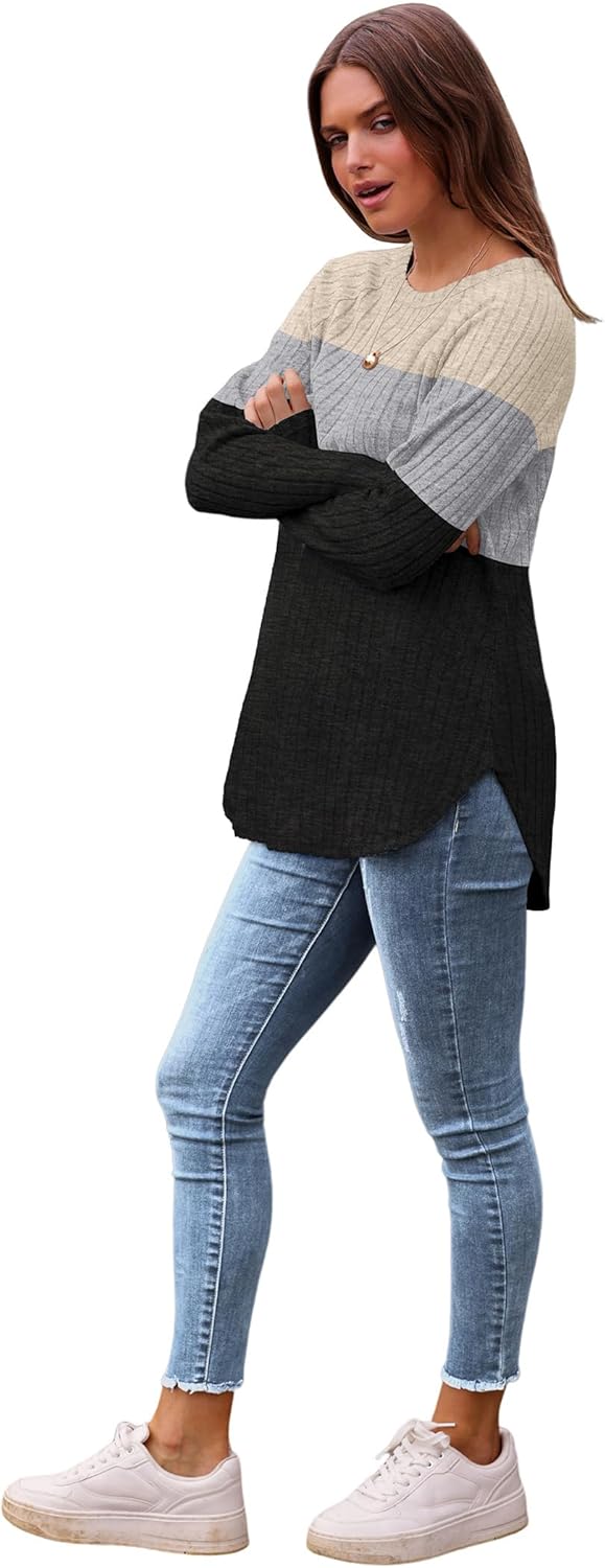 Saloogoe Long Sleeve Shirts for Women 2025 Fall Clothes Tunic Tops Loose Fit Dressy Crewneck Pullover Sweaters Curved Hem